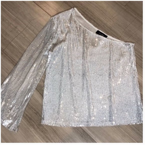 Size Small Lea & Viola‎ One Shoulder Sequin Top Party Silver Metallic New Year's - Picture 4 of 7